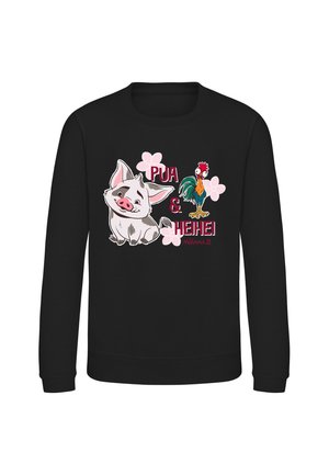 Sort sweatshirt med tegnefilmfigurerne Pua grisen og HeiHei hanen, lyserøde blomster og tekst, der siger "Pua & HeiHei Moana 2."