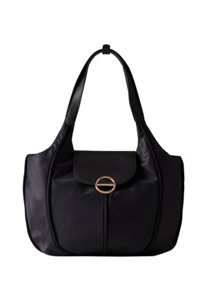 Borsa nera texturizzata con patta liscia nera e dettaglio in metallo dorato circolare, dotata di doppi manici a tracolla e design spazioso.