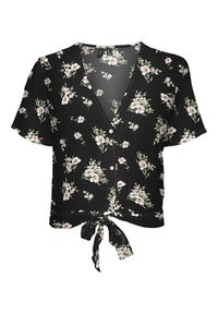 Svart blus med kort ärm och blommönster, V-ringning, knäppning framtill och knuten nederkant. Tillverkad av lätt, slät tyg.