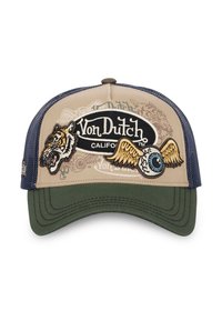 Beige Baseballcap mit grünem Schirm, verziert mit gestickten Tiger- und Augendesigns, schwarzem Logo-Patch und marineblauen Netzseitenpaneelen.