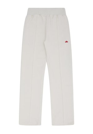 Off-white bukser med elastisk midjebånd, rette ben og en liten rød logo på øvre høyre lår.