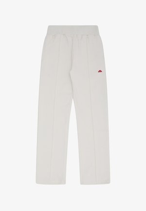 Pantalones con cintura elástica de color blanco roto, piernas rectas y un pequeño logo rojo en la parte superior del muslo derecho.