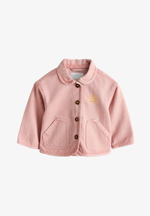 Rosa Kleinkindjacke mit rundem Kragen, braunen Knöpfen vorne, zwei Vordertaschen und kleinem gelbem Sonnenmotiv auf der Brust.