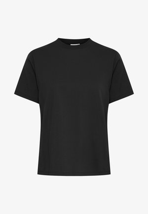 T-shirt en coton noir avec un col rond, des manches courtes, une coupe décontractée et une texture lisse. Aucun motif ni accent présent.