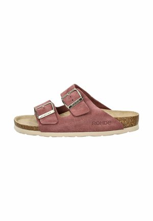 Sandalo a infradito in suede marrone con due fibbie regolabili, una soletta testurizzata e una suola in sughero. Presenta il marchio "Rohde" di lato.