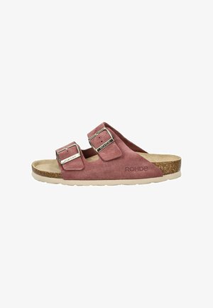 Suede brown slide sandal with two adjustable buckles, a textured footbed, and a cork sole. Features "Rohde" branding on the side.