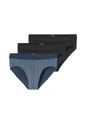 Drie dames slips: twee effen zwarte en één met een blauwe bloemenprint, gemaakt van zachte stof met een comfortabele elastische tailleband.