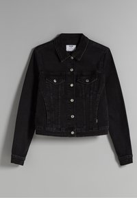 Black denim jacket with a classic collar, front button closure, two chest pockets, and side pockets. Features a slightly fitted design.