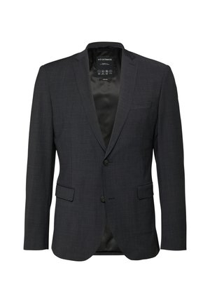 Donkergrijs herenblazer met inkeping revers, dubbele knoopsluiting, klepzakken en een gladde zwarte voering.