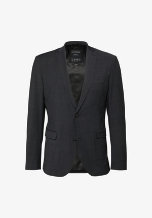 Donkergrijs herenblazer met inkeping revers, dubbele knoopsluiting, klepzakken en een gladde zwarte voering.