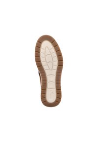 Suola di scarpa in gomma marrone con motivo di grip testurizzato, caratterizzata da una intersuola di colore chiaro e un battistrada distinto per la trazione.