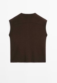 Gilet pull sans manches tricoté marron foncé avec col rond et ourlet côtelé, montré de dos sur fond blanc.