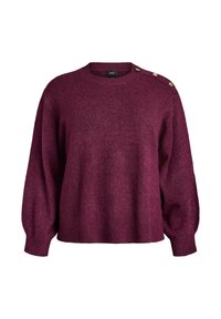 Maglione a maglia color bordeaux con scollatura a girocollo, maniche lunghe, polsini a coste e tre bottoni decorativi sulla spalla sinistra.Texture morbida.