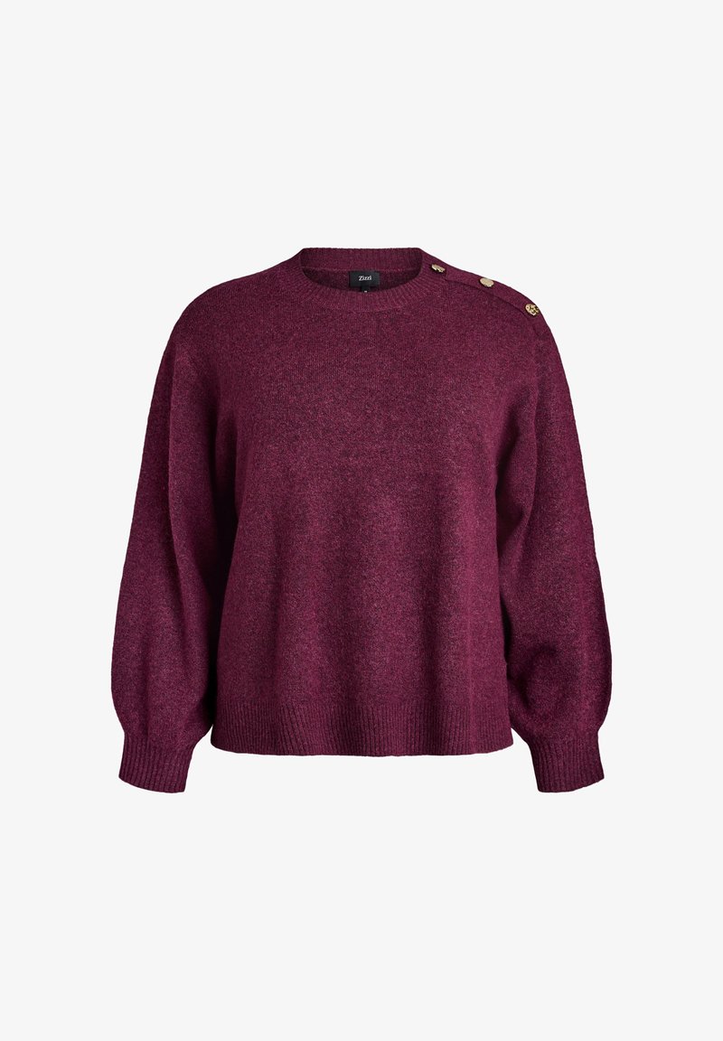 Burgundin värinen neulepaita, jossa on pyöreä kaula-aukkko, pitkät hihat, ribbaatut hihansuut ja kolme koristepainiketta vasemmalla olkapäällä. Pehmeä tekstuuri.
