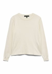 Haut crème à manches longues avec col ras du cou, fabriqué en tissu doux, avec des poignets côtelés et un ourlet décontracté, présentant une texture subtile partout.