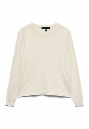 Crèmekleurige top met lange mouwen en een ronde hals, gemaakt van zachte stof, met geribbelde manchetten en een losse zoom, en een subtiele textuur over het hele oppervlak.