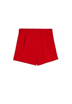 Shorts rouges taille haute avec une ceinture élastique et des poches latérales, présentés à plat sur un fond blanc.