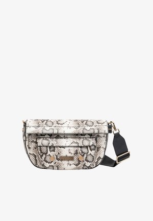 Slangmotief crossbody tas in zwart en wit, met een omklapflap, een voorkant vak, gouden hardware accenten en een afneembare zwarte schouderband.