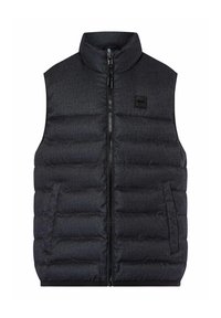 Herren ärmellose Steppweste in Dunkelgrau, mit hohem Kragen, Reißverschluss vorne und seitlichen Taschen mit einer gesteppten Struktur.