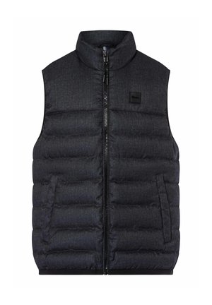 Gilet senza maniche da uomo in grigio scuro, caratterizzato da un colletto alto, una zip frontale e tasche laterali con una texture trapuntata.