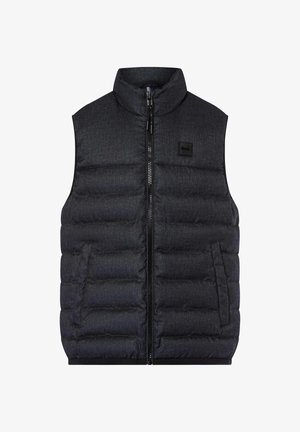 Herres ærmeløs puffervest i mørkegrå, med høj krave, frontlynlås og sidelommer med quiltet tekstur.
