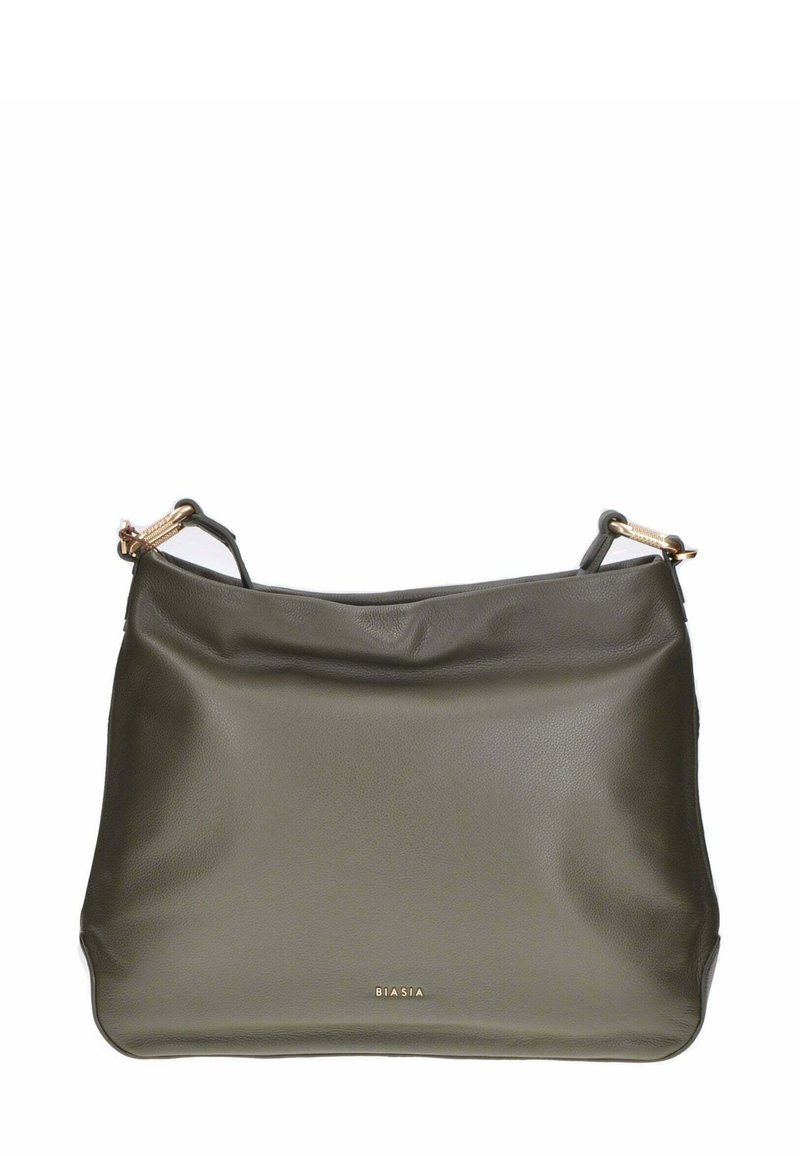 Borse a spalla in pelle verde oliva con una finitura morbida e testurizzata e hardware tono oro. Presenta un'apertura superiore e un design minimalista.
