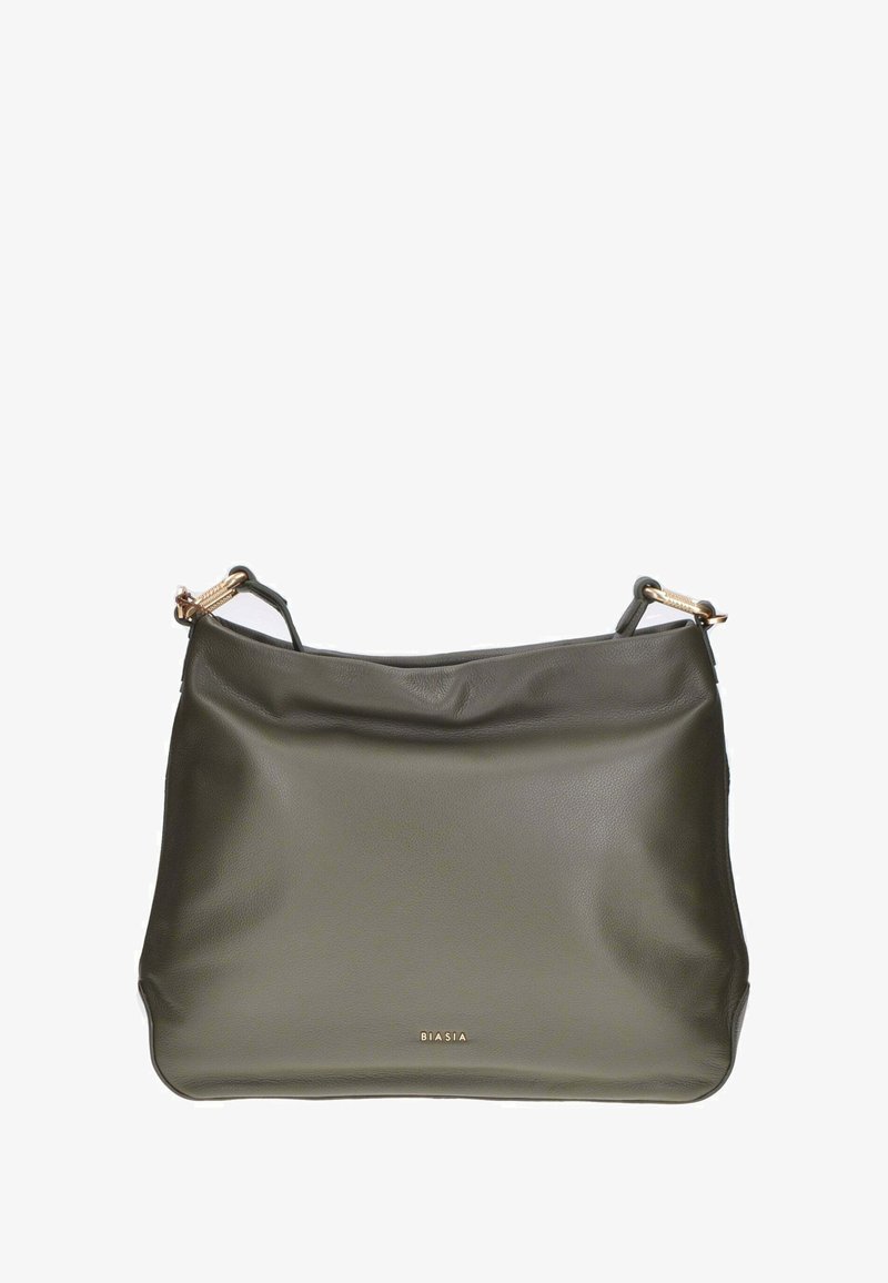 Borse a spalla in pelle verde oliva con una finitura morbida e testurizzata e hardware tono oro. Presenta un'apertura superiore e un design minimalista.