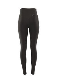 Zwarte legging met hoge taille, gemaakt van rekbare stof. Voorzien van een gladde textuur en een subtiel logo nabij de tailleband. Strak aansluitend design.