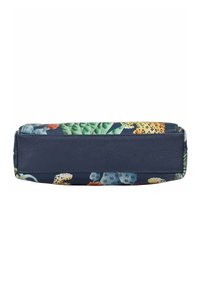 Flache rechteckige Tasche mit einem navyblauen Lederboden; bunte Blumen- und Tierdruckstoffe an den Seiten; strukturierte Oberfläche.