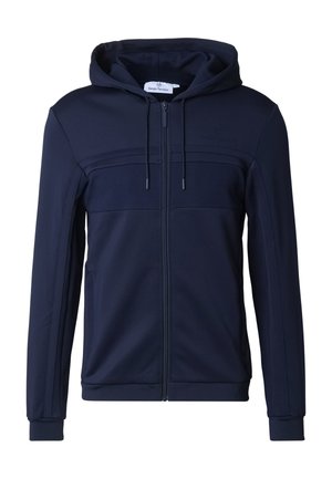 Sudadera con capucha y cremallera en azul marino, confeccionada en tela suave, con un panel texturizado en el pecho, capucha con cordón ajustable y puños acanalados.