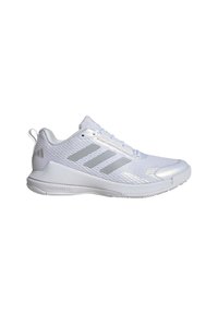 White athletic shoes made from breathable mesh and synthetic material. Features three silver stripes, textured upper, and cushioned sole.