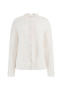Cardigan bianco lavorato a maglia con colletto rotondo, bordo in pizzo e chiusura con bottoni. Presenta un motivo testurizzato lungo la parte anteriore e polsini a coste.