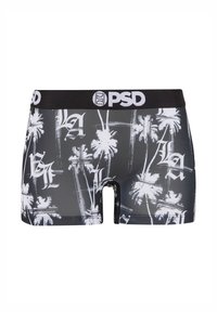 Black boxer briefs made of smooth fabric with white palm tree and text print, featuring a black elastic waistband with the "PSD" logo.