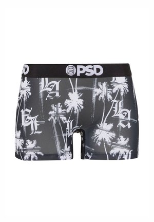 Schwarze Boxershorts aus glattem Stoff mit weißem Palmen- und Schriftzugdruck, ausgestattet mit einem schwarzen elastischen Bund mit dem "PSD"-Logo.
