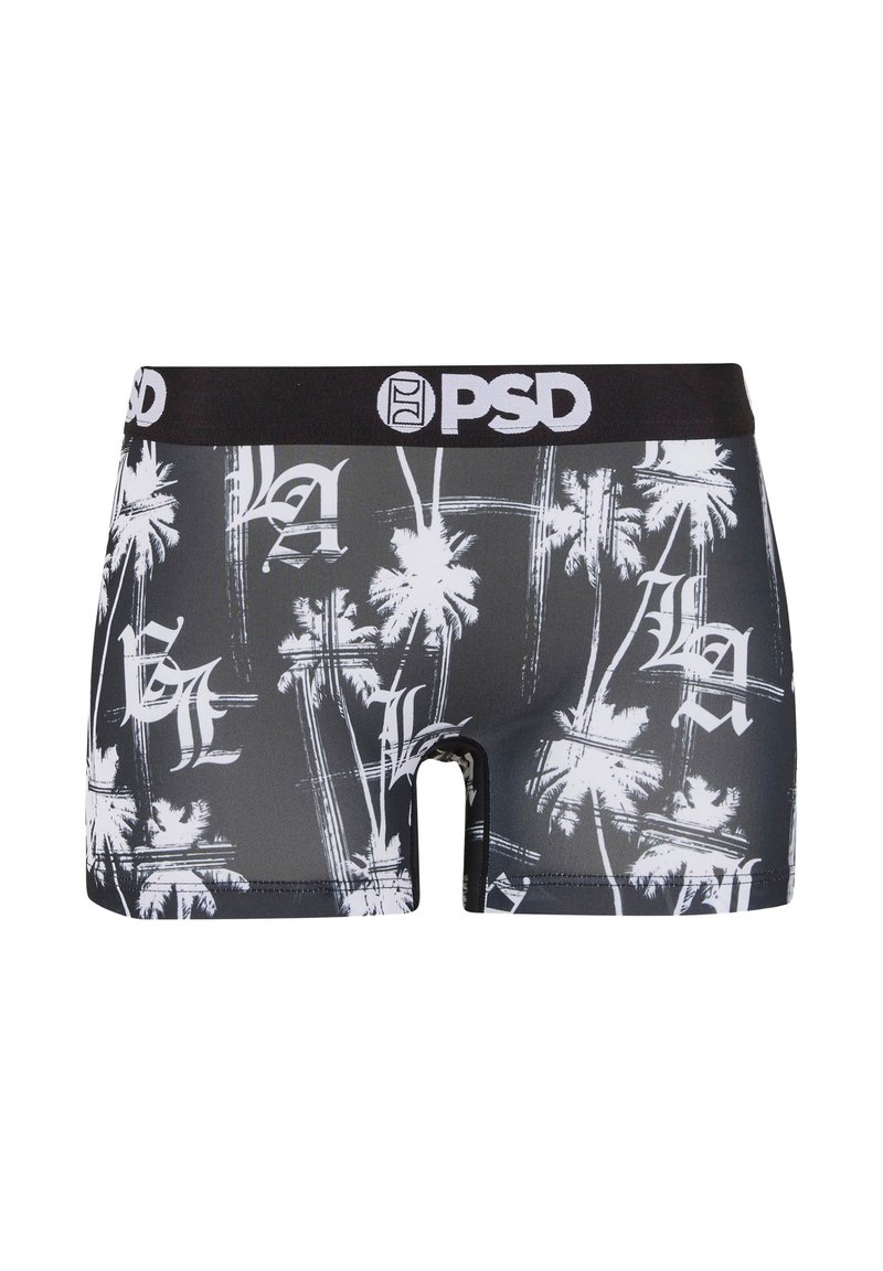 Black boxer briefs made of smooth fabric with white palm tree and text print, featuring a black elastic waistband with the "PSD" logo.