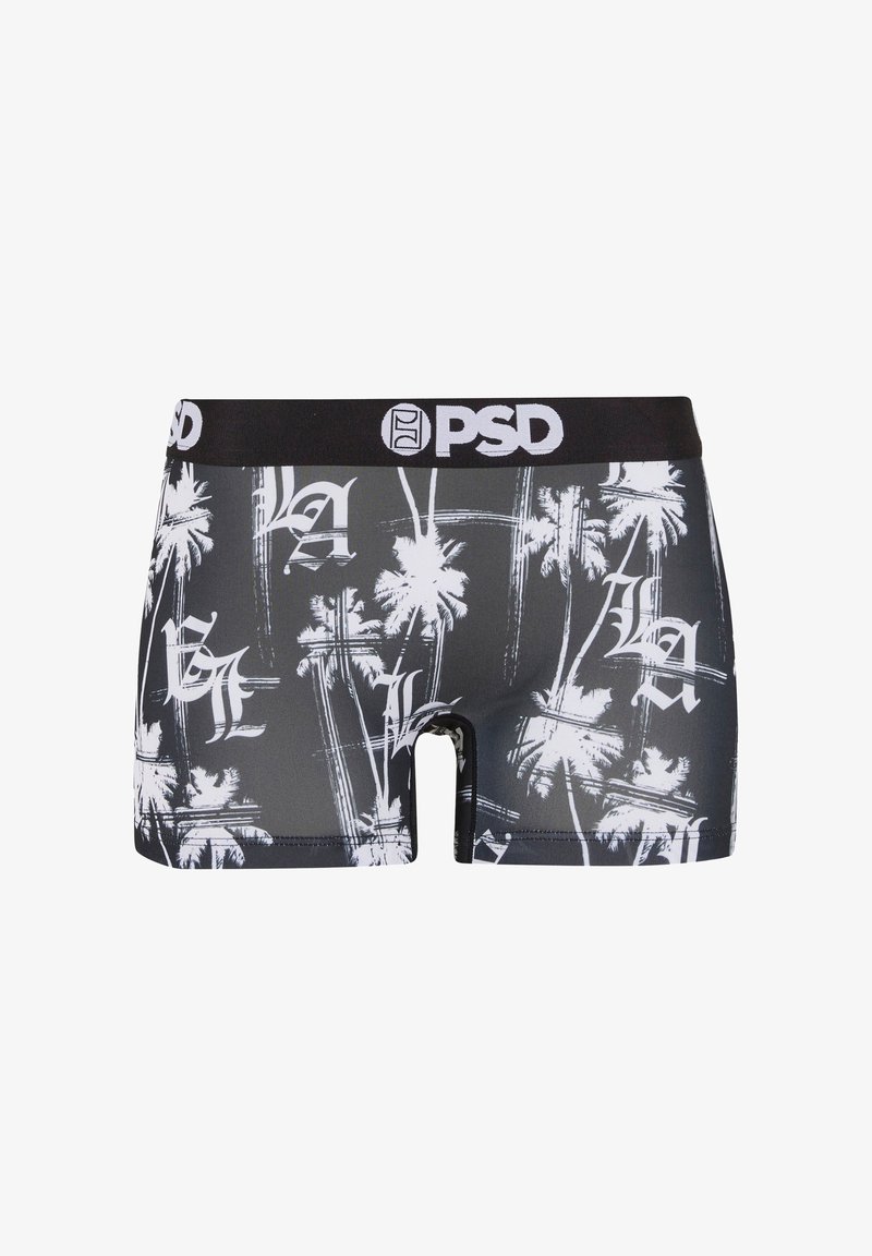Zwarte boxershorts van gladde stof met witte palmbomen- en tekstprint, voorzien van een zwarte elastische tailleband met het "PSD"-logo.