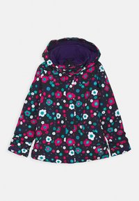Multikleurige bloemenjasje met een zwarte achtergrond, voorzien van een capuchon, rits aan de voorkant en twee zijzakken. Het materiaal heeft een gladde textuur.
