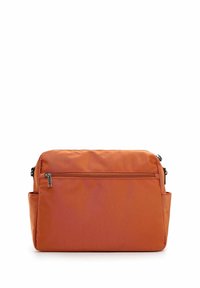 Rectangular burnt orange fabric bag with a front zip pocket and side open pockets, displayed against a white background.