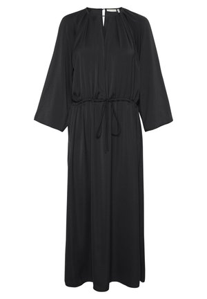 Schwarzes, langärmliges Kleid mit V-Ausschnitt, tailliertem Bund und lockerer Silhouette. Hergestellt aus glattem Stoff mit einem dezenten Glanz.
