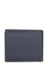 Portafoglio in pelle blu navy, design pieghevole con cuciture visibili, superficie liscia e tre strisce orizzontali come accento su un lato.