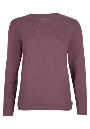 Chemise à manches longues en mauve profond, fabriquée en tissu doux, dotée d'un col rond et d'une coupe droite, avec une petite étiquette de marque en bas.