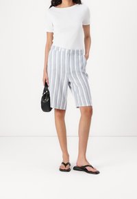 Shorts rayés bleu et blanc avec une taille élastique, associés à une chemise blanche à manches courtes et des tongs noires, tenant un sac noir.