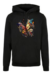 Svart huvtröja med en färgglad fjärilsdesign mot en blommig bakgrund. Materialet är mjukt med en framficka och dragsko i huvan.