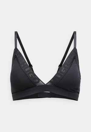 Schwarzes Bralette mit dreieckiger Form, gefertigt aus glattem Stoff. Verfügt über Mesh-Einsätze und Logodetails an den Trägern und dem Unterbrustband.