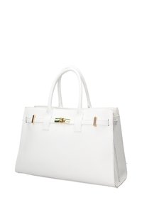 Borsa a tracolla bianca in pelle con design strutturato, doppi manici superiori, un accento di lucchetto dorato e dettagli di cucitura. Forma rettangolare con texture liscia.