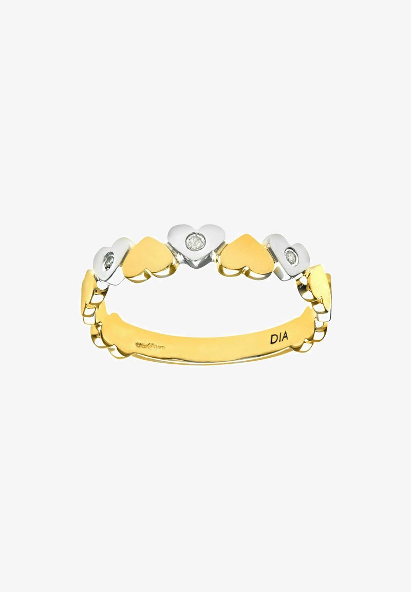 Anillo de oro y plata con formas de corazón alternas, que presenta dos pequeños diamantes engastados en los corazones de plata, con superficies pulidas y suaves.