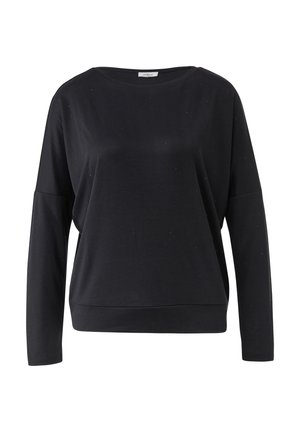Zwarte sweatshirt met lange mouwen, brede halslijn en subtiele glinsterende details door de hele stof.