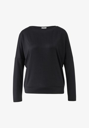 Zwarte sweatshirt met lange mouwen, brede halslijn en subtiele glinsterende details door de hele stof.