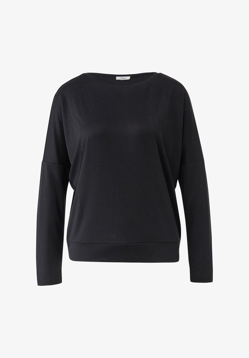 Schwarzer Pullover mit langen Ärmeln, weitem Halsausschnitt und dezenten funkelnden Details im Stoff.