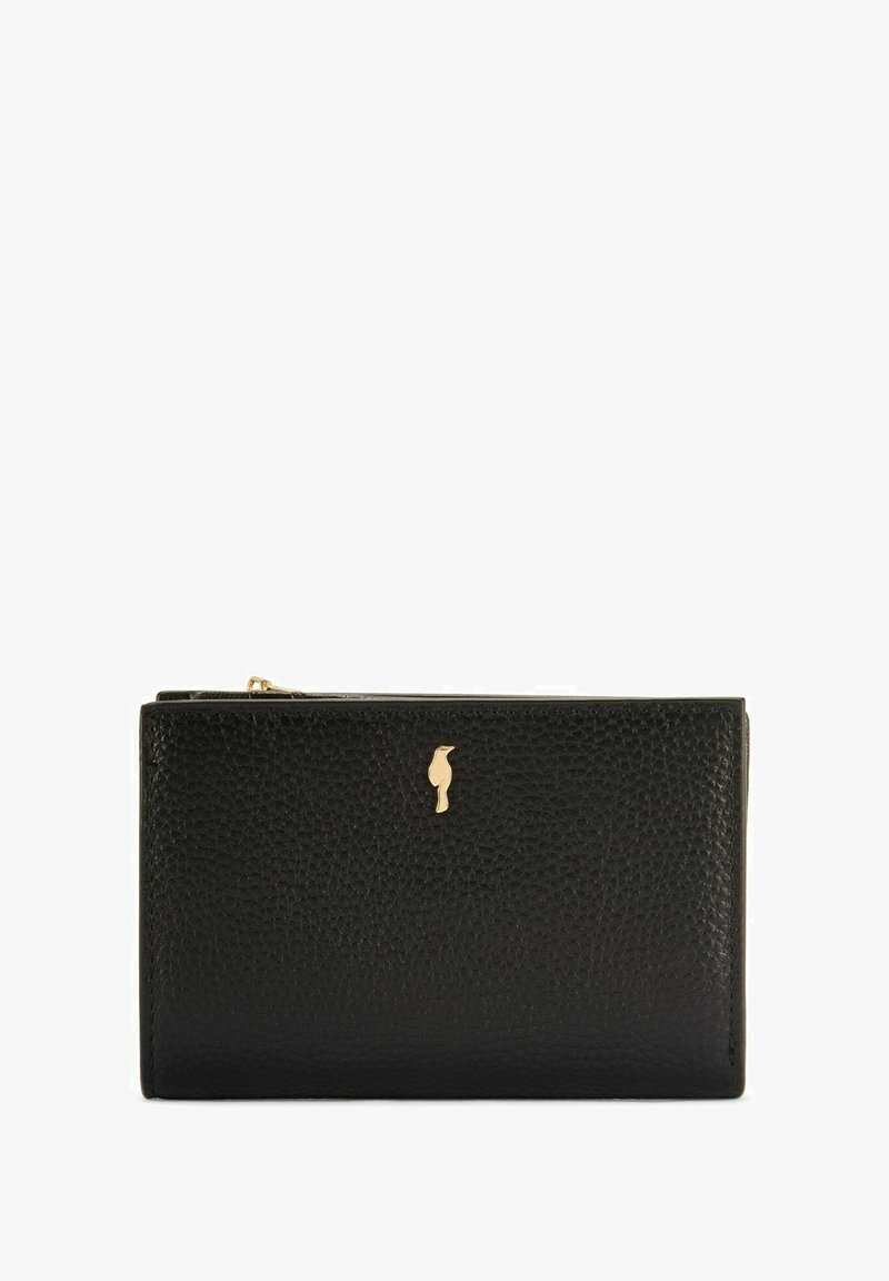 Czarny skórzany portfel z teksturowanym wykończeniem, złotym emblematem ptaka, zamknięciem na zamek oraz czystym prostokątnym kształtem.